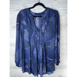 Melissa McCarthy Seven7 Blouse Womens 1X Blue Floral Button Front Tunic Top